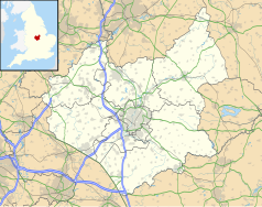 Mapa konturowa Leicestershire, w centrum znajduje się punkt z opisem „Welford Road Cemetery”