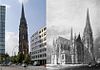 Right: The neo-Gothic church. Left: the spire that survived.