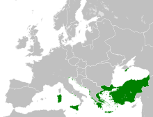 Map centred on Western Europe. The territories of the Byzantine Empire are shaded dark green; namely the Italian islands, southern Greece, south-central Bulgaria, southern Crimea and most of Turkey.