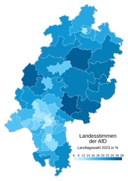 Alternative für Deutschland ﻿Höchstwert: 27,2 % (Wetterau II) ﻿Tiefstwert: 6,7 % (Frankfurt am Main V)