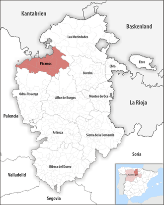 Die Lage der Comarca Páramos in der Provinz Burgos