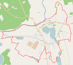 Mapa konturowa Międzychodu, blisko centrum na prawo u góry znajduje się punkt z opisem „Kościół Męczeństwa Świętego Jana Chrzciciela w Międzychodzie”