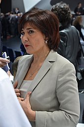 A middle-aged woman talking to the press at a motor show