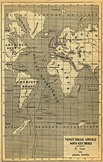 Weltkarte mit der Route der Nautilus aus Jules Vernes Roman 20.000 Meilen unter dem Meer