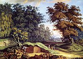 Steinturm- und Holzturmstelle am römischen Odenwaldlimes, Aquarell, um 1800.