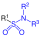 Allgemeine Struktur der Sulfonsäureamide mit dem blau markierten Sulfamoyl-Rest. R = H oder Organylgruppe