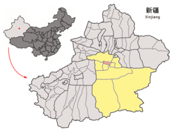 Yanqi County (red) within Bayin'gholin Prefecture (yellow) and Xinjiang