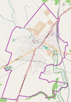 Mapa konturowa Braniewa, w centrum znajduje się punkt z opisem „Koszary przy ul. Moniuszkiw Braniewie”