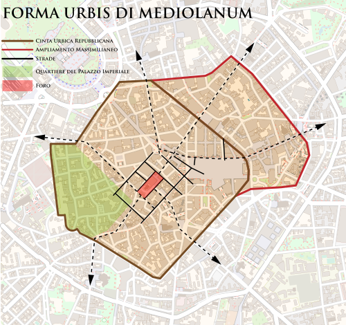 L'antica Milano romana (Mediolanum) sovrapposta alla Milano moderna. Il rettangolo più chiaro al centro, leggermente sulla destra, rappresenta la moderna piazza del Duomo, mentre il moderno Castello Sforzesco si trova in alto a sinistra, appena fuori il tracciato delle mura romane di Milano