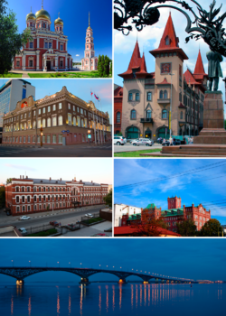 Top upper left: Pokrovskaya Church (Church of the Intercession of the Most Holy Theotokos) in Saratov, Top lower left: Saratov Administration Office, Top right: Saratov Conservatory, Middle left: Saratov Orthodox Theological Seminary, Middle right: Schmidt Mill, Bottom: A twilight view of Saratov Engels Bridge and Volga River