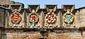 The four European orders of chivalry to which James V belonged are engraved above the arch of the fore entrance to Linlithgow Palace: "The Order of the Garter", "The Order of Thistle", "The Order of the Golden Fleece" and "The Order of St. Michael". May 2012.