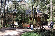 A large polygonal wooden building sits in a sunny second-growth forest. A woman is kneeling in front of a wooden bench along a path. A baby stroller is parked next to the bench. A few feet away from her, three small children and another woman stand on the path.