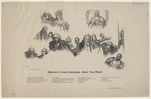 Objaśnienie do Rejtana autorstwa Floriana Cynka, 1870, kolekcja Muzeum Narodowego w Krakowie: 1 – Tadeusz Rejtan; 2 – Szczęsny Potocki; 3 – Adam Poniński; 4 – Franciszek Ksawery Branicki; 5 – biskup Ignacy Jakub Massalski; 6 – Janusz Tomasz Czetwertyński-Światopełk; 7 – Karol Stanisław Radziwiłł Panie Kochanku; 8 – Franciszek Salezy Potocki; 9 – Michał Jerzy Poniatowski; 10 – Michał Fryderyk Czartoryski; 11 – Stanisław August Poniatowski; 12 – Hugo Kołłataj; 13 – Jacek Malachowski; 14 – Samuel Korsak; 15 – Elżbieta Grabowska; 16 – Nikołaj Repnin; 17 – Izabela Lubomirska; 18 – caryca Katarzyna II; 19 – żołnierz moskiewski