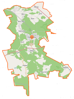 Mapa konturowa gminy Celestynów, u góry nieco na prawo znajduje się punkt z opisem „Ostrowik”