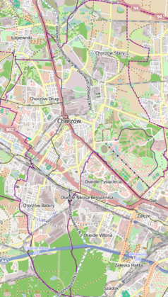 Mapa konturowa Chorzowa, w centrum znajduje się punkt z opisem „Kościół św. Wawrzyńcaw Chorzowie”