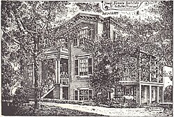 illustration of school building, surrounded by trees