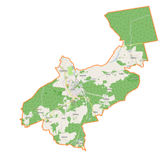 Mapa konturowa gminy Jasień, w centrum znajduje się punkt z opisem „Jasień”