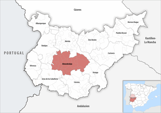 Die Lage der Comarca Almendralejo in der Provinz Badajoz