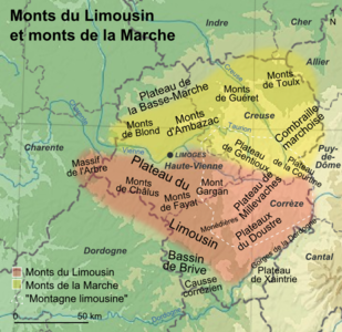 Lagekarte mit den Monts du Limousin und den Monts de la Marche