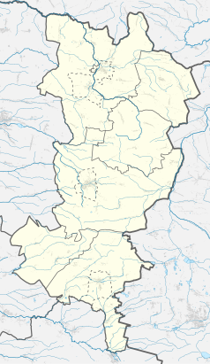 Mapa konturowa powiatu oleskiego, blisko centrum po lewej na dole znajduje się punkt z opisem „Młynek”