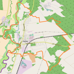 Mapa konturowa Pieńska, blisko centrum po lewej na dole znajduje się punkt z opisem „Stacja kolejowa”