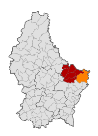 Map of Luxembourg with Rosport-Mompach highlighted in orange, and the canton in dark red