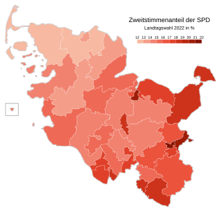 Sozialdemokratische Partei Deutschlands ﻿Höchstwerte: 21,0 % (Lübeck-West) 20,5 % (Lübeck-Ost) 20,5 % (Kiel-Ost) 18,9 % (Stormarn-Süd) 18,6 % (Pinneberg) ﻿Tiefstwerte: 12,7 % (Flensburg-Land) 12,8 % (Nordfriesland-Nord) 13,0 % (Flensburg) 13,8 % (Schleswig) 13,8 % (Dithmarschen-Schleswig)