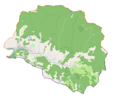 Mapa konturowa gminy Szczawnica, blisko centrum po lewej na dole znajduje się punkt z opisem „Telewizyjna Stacja Retransmisyjna Góra Jarmuta”