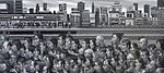 Monochrome painting of Shinjuku station commuters