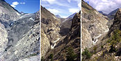 Der Grosse Aletschgletscher, links im Jahr 1979, in der Mitte im Jahr 1991 und rechts 2002