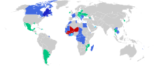 La Francophonie map (dozens of countries in Africa, Europe, Asia and Latin America are members of this international organisation.