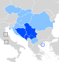   Országok, ahol a szerb hivatalos nyelv.   Országok, ahol elismert kisebbségi nyelv.