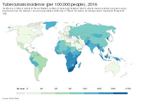 Number of new cases of tuberculosis per 100,000 people in 2016.