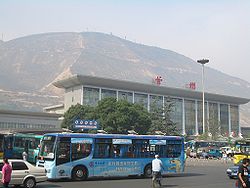 Lanzhou Railway Station, with the Gaolan Mountain in the background.