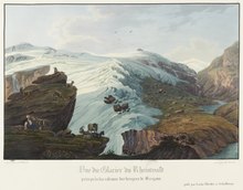 Rheinwaldgletscher, von der Hütte der Bergamasker, Hirten; Rheinwaldgletscher; Aquatinta, koloriert; Aquarell