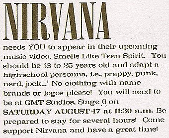 Thông báo từ Nirvana cổ động khán giả đến tham gia thực hiện video âm nhạc của "Smells Like Teen Spirit".