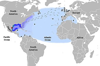 Lepidochelys kempii distribution: red = nesting beach; green= adult male; dark blue = adult female; mid-blue = juvenile & subadult; arrows = Gulf Strean; light blue = accidentals and vagrants, black dots = verified records