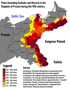 Poles in the Kingdom of Prussia during the 19th century:   90% – 100% Polish   80% – 90% Polish   70% – 80% Polish   60% – 70% Polish   50% – 60% Polish   20% – 50% Polish   5% – 20% Polish