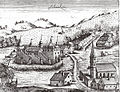 Schaaken mit Burg und Kirche in einer Ansicht von Caspar Henneberger von 1576