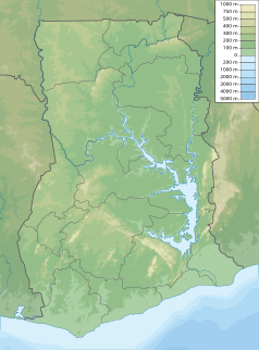 Mapa konturowa Ghany, na dole po prawej znajduje się owalna plamka nieco zaostrzona i wystająca na lewo w swoim dolnym rogu z opisem „Wolta”