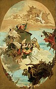 Tiepolo: Flug des Marienhauses nach Loreto, Entwurf für Deckenfresco der Kirche Santa Maria degli Scalzi in Venedig (1743) – Bild m)