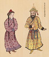 Uyghur chieftain from Wushi, Kucha and Aksu, with his wife. Huang Qing Zhigong Tu, 1769.[207]