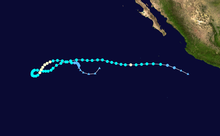 A track map of the path of a hurricane over the Eastern Pacific Ocean