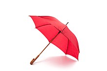 A red umbrella, opened. The long support in the center ends in a brown U-shaped handle