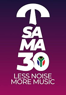 Logo of the South African Music Awards statuette placed on top of a text of SAMA 30. With a dark violet background, the flag of South Africa is placed inside of the letter "O."