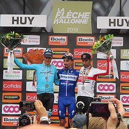 Podium: 2. Fuglsang, 1. Alaphilippe, 3. Ulissi