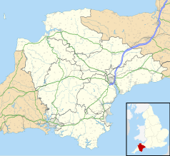 Mapa konturowa Devonu, na dole znajduje się punkt z opisem „Buckfast Abbey”