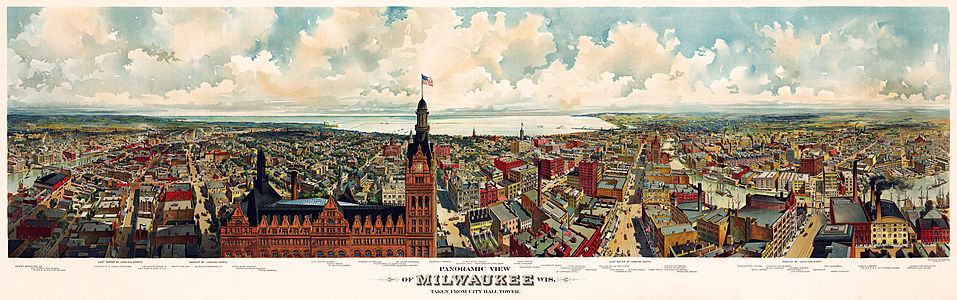 ABD'nin Wisconsin eyaletinin en büyük şehri Milwaukee'nin panoramik manzarası (Litograf, The Gugler Lithographic Co, yaklaşık 1898). (Üreten: The Gugler Lithographic Co.)