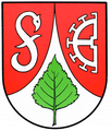 Berkhof (durch Spitze aufgeteilte Felder mit Birkenblatt, halbem Mühlrad und schwanenhalsförmigem „S“ belegt)