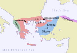 The Latin Empire, Empire of Nicaea, Empire of Trebizond, and the Despotate of Epirus, c. 1204